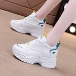 Women's Korean Style Wedge Heel Sneakers with Raised Platform Sole - White image 3