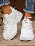 Women's Korean Style Chunky Heel Sneakers with Pink Trim - White image 4