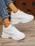 Women's Korean Style Chunky Heel Sneakers with Pink Trim - White image 6