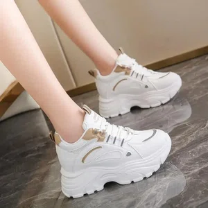 Women's Korean Style Chunky Heel Sneakers with Gold Stripes - White