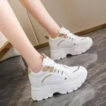Women's Korean Style Chunky Heel Sneakers with Gold Stripes - White image 1
