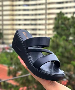 Women's Double Strap Wedge Slides - Black - Available at AfnoBazar Nepal