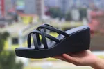 Women's Criss-Cross Strap Wedge Slides - Black - Available at AfnoBazar Nepal
