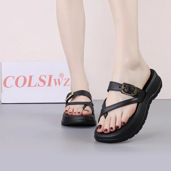 Women's Buckle Toe Loop Platform Slides - Black - Available at AfnoBazar Nepal