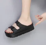 Women's Double Buckle Platform Slides - Black - Available at AfnoBazar Nepal