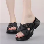 Women's Quilted Cross Strap Platform Slides - Black - Available at AfnoBazar Nepal