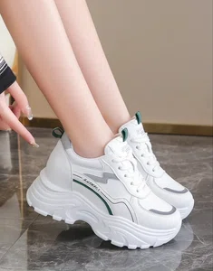 Women's Korean Style Chunky Heel Sneakers with Grey Accents - White - Available at AfnoBazar Nepal