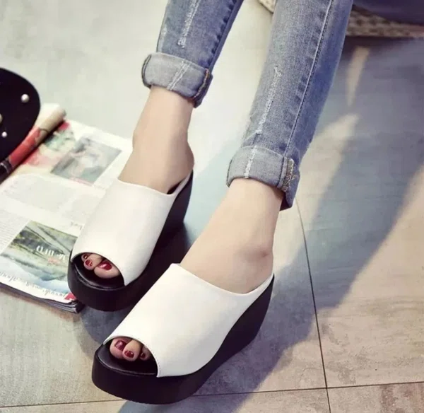 Women's Black Open Toe Wedge Heel Sandals - Cream - Available at AfnoBazar Nepal