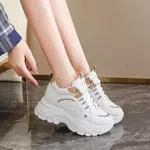Women's Korean Style Chunky Heel Sneakers with Gold Stripes - White - Available at AfnoBazar Nepal