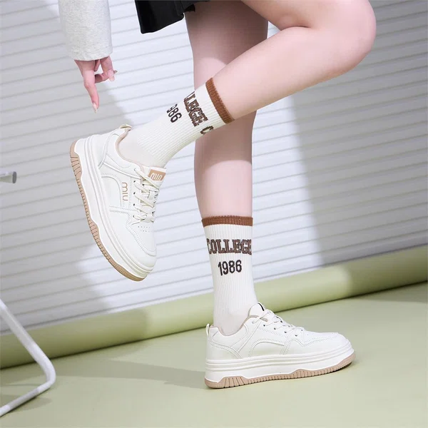 Women's Leather Platform Sneakers - Off White and Beige - Available at AfnoBazar Nepal