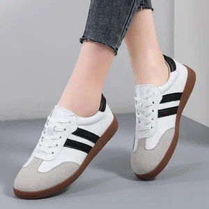 Women's Retro Low-Top Leather Sneakers with Brown Sole - White and Black - Available at AfnoBazar Nepal