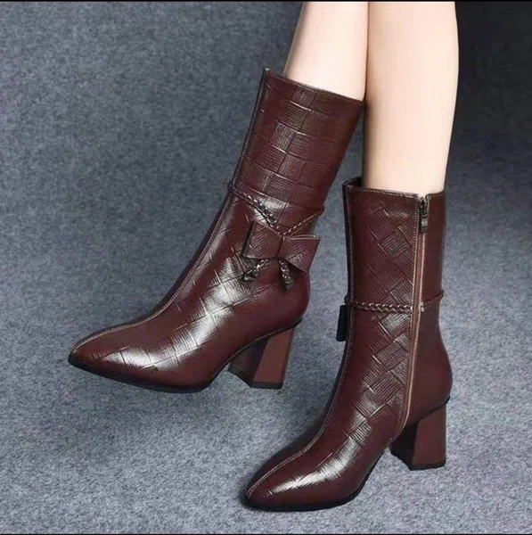 Women's Leather Zip Ankle Boots with High Heel - Brown - Available at AfnoBazar Nepal