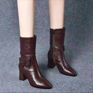 Women's Croc-Embossed Mid-Calf Block Heel Boots with Bow - Black and Burgundy - Available at AfnoBazar Nepal