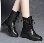 Women's Lace-Up Zip Combat Ankle Boots with Buckle - Black - Available at AfnoBazar Nepal