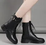 Women's Lace-Up Zip Combat Ankle Boots with Buckle - Black - Available at AfnoBazar Nepal