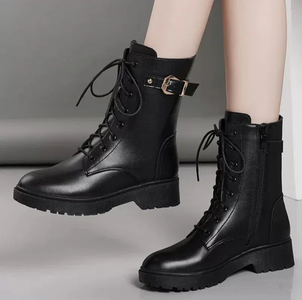 Women's Lace-Up Zip Combat Ankle Boots with Buckle - Black - Available at AfnoBazar Nepal