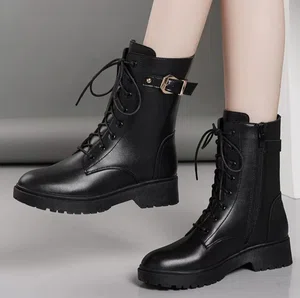 Women's Lace-Up Zip Combat Ankle Boots with Buckle - Black - Available at AfnoBazar Nepal