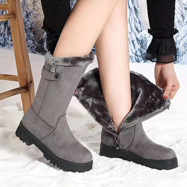 Women's Mid Heel Zip Snow Boots - Grey - Available at AfnoBazar Nepal