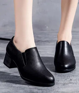 Women's Soft Leather Block Heel Pumps for Office and Casual Wear - Black - Available at AfnoBazar Nepal