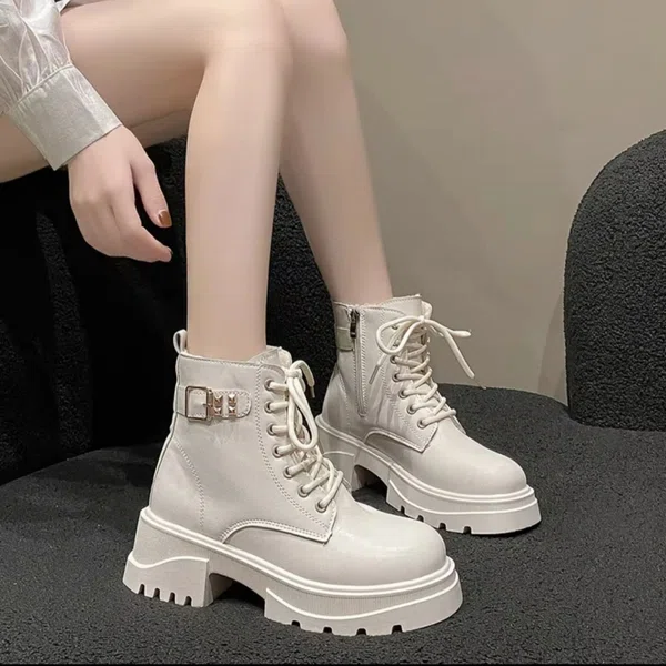 Women's Lace-Up Zip Hoof Heel Ankle Boots - White - Available at AfnoBazar Nepal