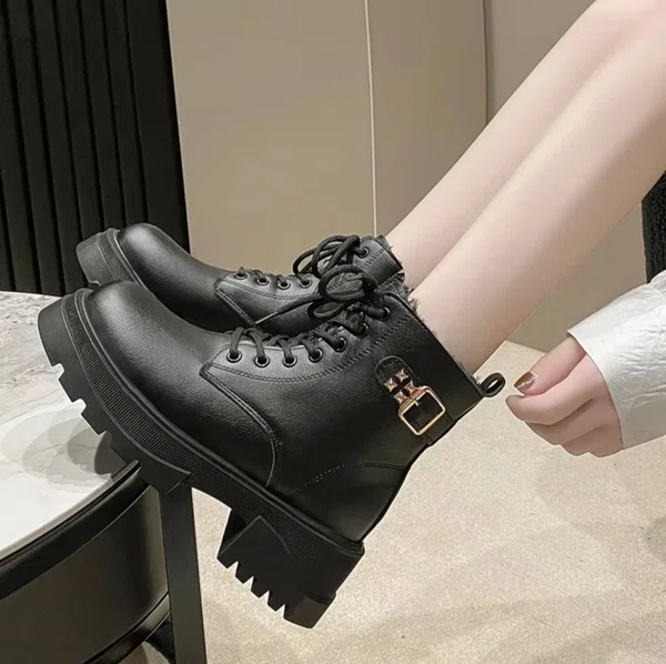 Women's Lace-Up Chunky Sole Combat Ankle Boots - Black - Available at AfnoBazar Nepal