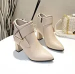 Women's Genuine Leather Belt Buckle High Heel Boots - Beige - Available at AfnoBazar Nepal