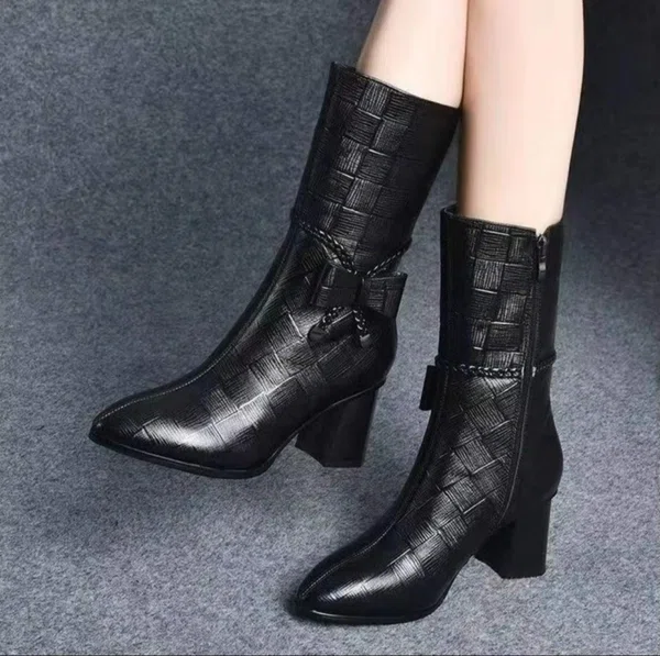 Women's Croc-Embossed Mid-Calf Block Heel Boots with Bow - Black - Available at AfnoBazar Nepal