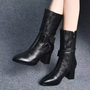 Women's Croc-Embossed Mid-Calf Block Heel Boots with Bow - Black - Available at AfnoBazar Nepal