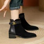 Women's Suede Ankle Boots with Gold Buckle Strap - Black - Available at AfnoBazar Nepal