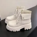 Women's Genuine Leather Thick Heel Boots - Cream - Available at AfnoBazar Nepal