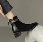 Women's Suede Ankle Boots with Gold Buckle Strap - Black - Available at AfnoBazar Nepal