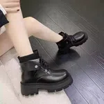 Women's Genuine Leather Thick Heel Boots - Black - Available at AfnoBazar Nepal