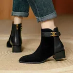 Women's Suede Ankle Boots with Gold Buckle Strap - Black - Available at AfnoBazar Nepal