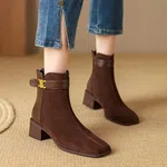 Women's Suede Ankle Boots with Gold Buckle Strap - Black - Available at AfnoBazar Nepal