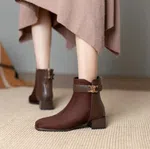 Women's Suede Ankle Boots with Gold Buckle Strap - Black - Available at AfnoBazar Nepal