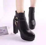 Women's Genuine Leather Belt Buckle High Heel Boots with Zip Closure - Black - Available at AfnoBazar Nepal