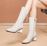 Women's Sheepskin Leather Thick Heel Short Boots - Cream - Available at AfnoBazar Nepal