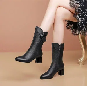Women's Sheepskin Leather Buckle Short Boots - Black - Available at AfnoBazar Nepal