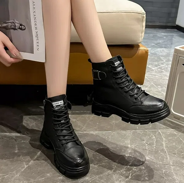 Women's Lace-Up Zip Ankle Sneaker Boots with Buckle - Black - Available at AfnoBazar Nepal