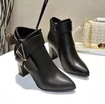 Women's Genuine Leather Pointed Toe Boots with Triangle Buckle - Black - Available at AfnoBazar Nepal