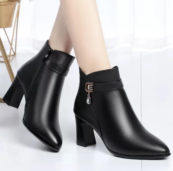 Women's Black Rhinestone Pointed Toe Heeled Ankle Boots - Beige and Black - Available at AfnoBazar Nepal