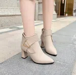 Women's Genuine Leather Belt Buckle High Heel Boots - Beige - Available at AfnoBazar Nepal