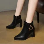 Women's Genuine Leather Belt Buckle High Heel Boots - Black and Cream - Available at AfnoBazar Nepal