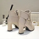Women's Genuine Leather Belt Buckle High Heel Boots - Beige - Available at AfnoBazar Nepal