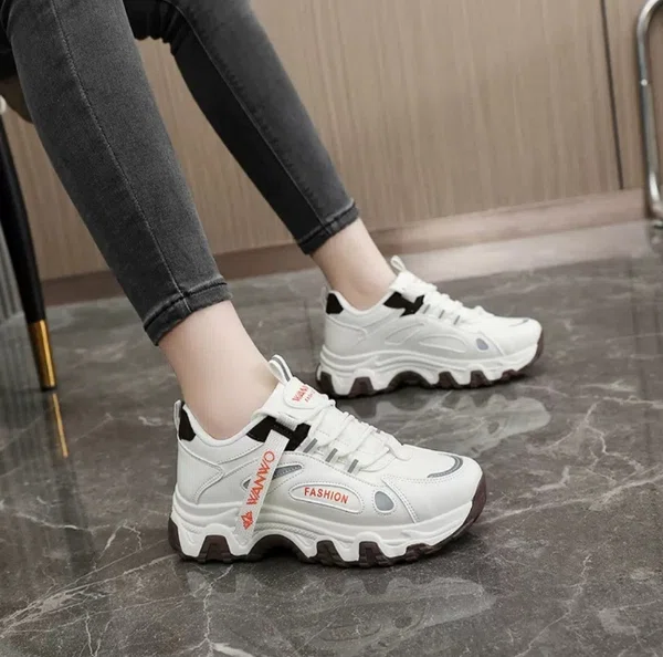 Women's Korean Style Chunky Sneakers with Orange Tape Detail - White - Available at AfnoBazar Nepal
