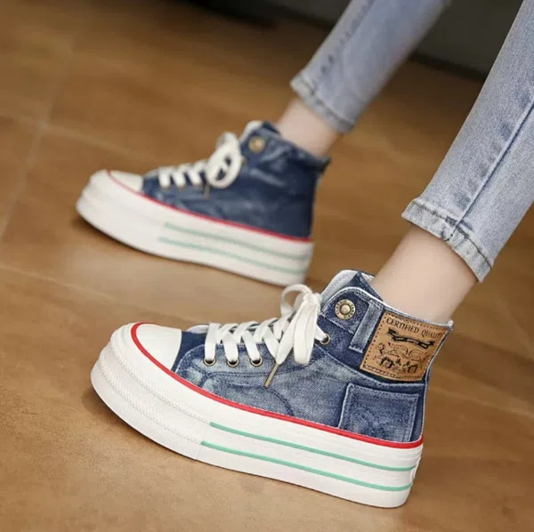 Women's Denim High-Top Platform Sneakers - Dark Blue - Available at AfnoBazar Nepal