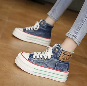 Women's Denim High-Top Platform Sneakers - Dark Blue - Available at AfnoBazar Nepal