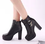Women's Genuine Leather Belt Buckle High Heel Boots with Zip Closure - Black - Available at AfnoBazar Nepal