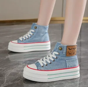 Women's Denim High-Top Platform Sneakers - Light Blue - Available at AfnoBazar Nepal