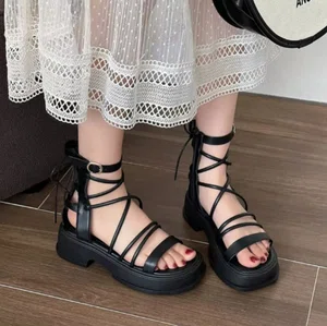 Women's Thick Sole Zip Gladiator Sandals - Beige and Black - Available at AfnoBazar Nepal